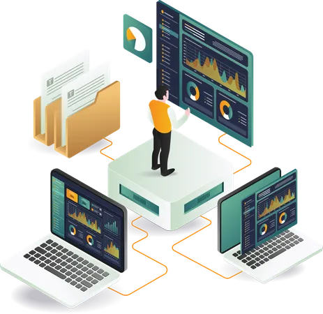 Businessman standing on server while doing data analysis  Illustration