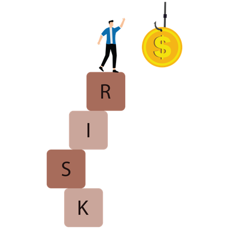 Businessman standing on stacks of risk boxes to get reward  Illustration