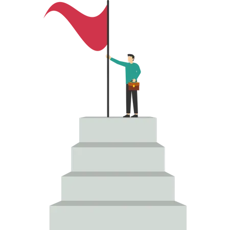 The Concept Of Reaching The Peak Of A Career Or Success An Entrepreneur Has Reached The Top Of The Ladder Of Success Or Goals Businessman Standing On Stairs With Flag Leaders Achieve Goals Illustration