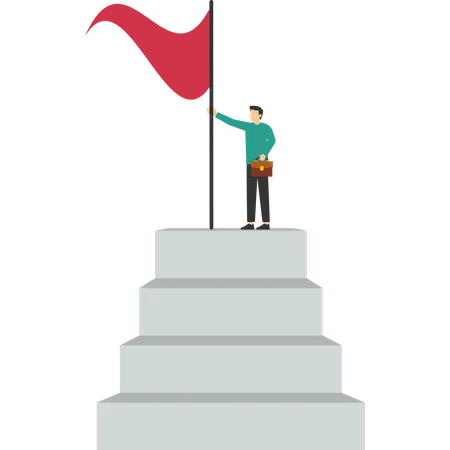 Businessman standing on stairs with flag  Illustration