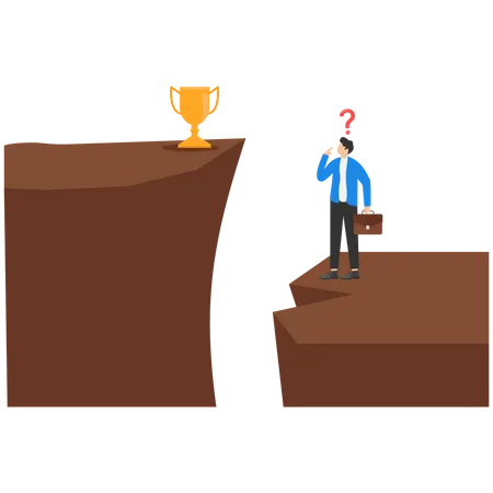 Vector Businessman Standing On The Cliff And Thinking To Reach The Trophy And Achieve The Goal Business Strategy And Problem Solving Concept Illustration Illustration