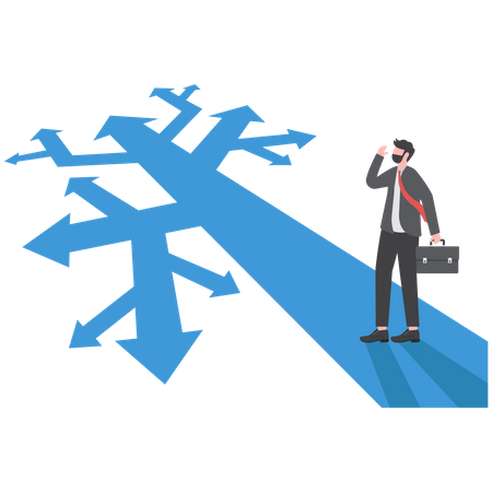 Businessman standing on the crossroads for decision which way at arrows pointing to many directions  Illustration