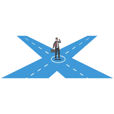Businessman Standing On The Crossroads For Decision Which Way To The Future Bifurcated Road Abstract Vector Illustration Illustration