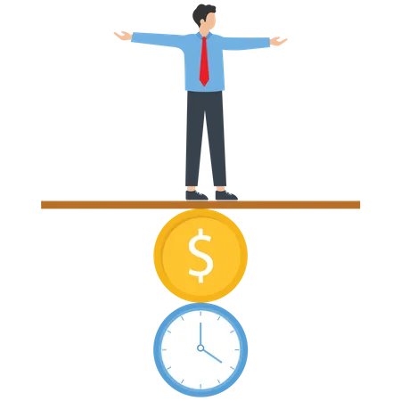 Businessman standing on the time and money to maintain a balance  Illustration