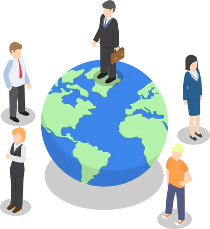 Businessman Standing On The World Global Business Success Concept Flat 3 D Web Isometric Design VECTOR EPS 10 Illustration