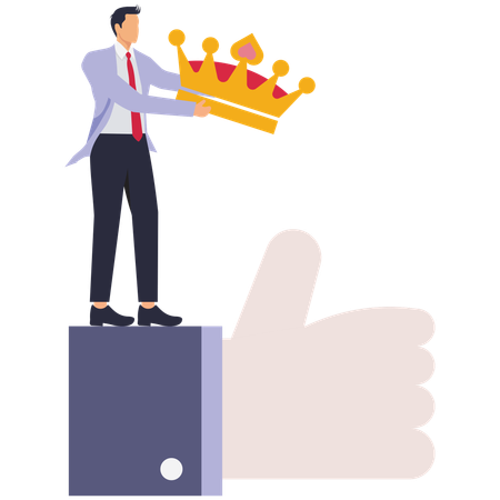 Businessman standing on thumbs up and crowns for cape wear merchants  Illustration