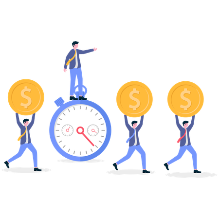Businessman standing on timer while other men walking with dollar  Illustration
