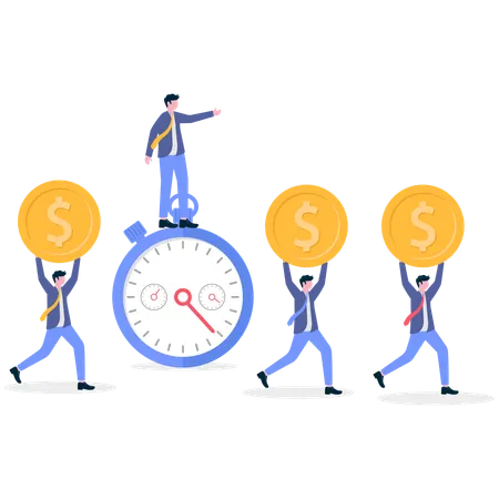 Businessman standing on timer while other men walking with dollar  Illustration