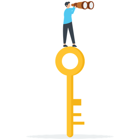 Businessman standing on top key and looking through telescope  Illustration