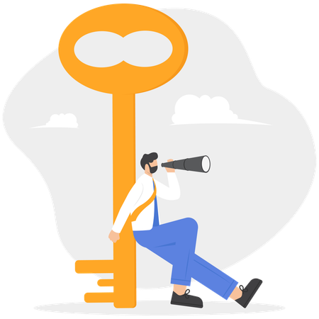 Businessman standing on top key and looking through telescope  Illustration