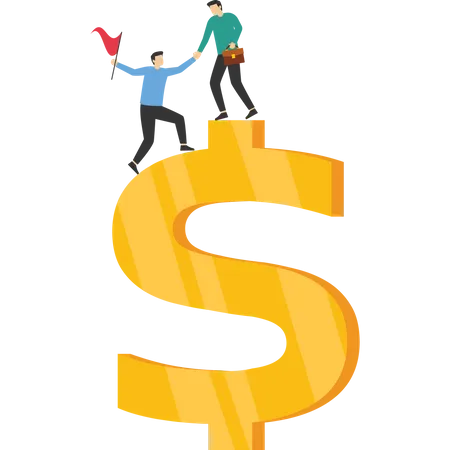 Businessman standing on top mountain with financial assistance hand  Illustration