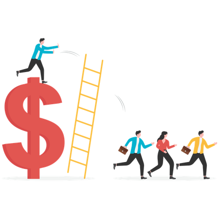 Businessman standing on top of gold coins pushed down ladder  Illustration