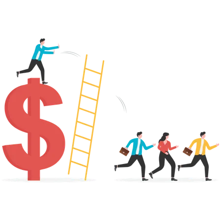 Businessman standing on top of gold coins pushed down ladder  Illustration