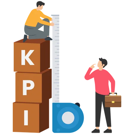 Businessman standing on top of KPI box measuring performance.  Illustration