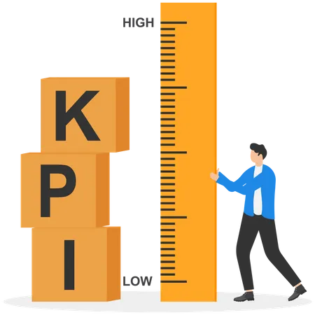 Businessman standing on top of KPI box measuring performance  Illustration