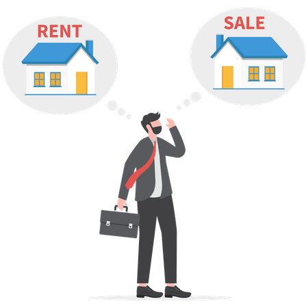 Businessman standing thinking trying to choose between renting and buying new accommodation  Illustration