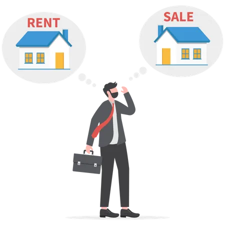 Renting And Buying A House Concept Businessman Standing Thinking Trying To Choose Between Renting And Buying New Accomodation Illustration
