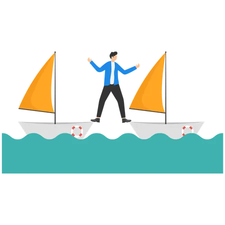 Businessman standing two paper boats  Illustration