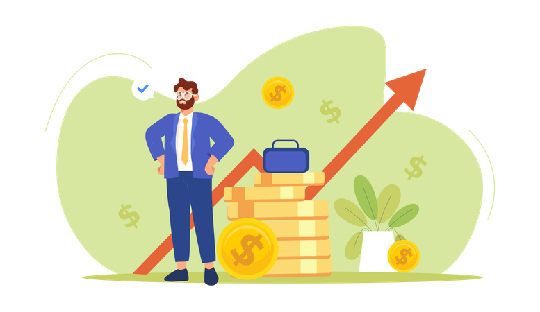 Businessman standing while getting financial growth  Illustration