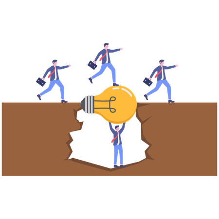 Businessman standing while holding bulb while team walking over bulb  Illustration