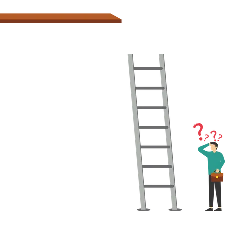 Businessman standing with a ladder too short  イラスト