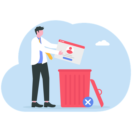 Businessman standing with an account or profile and trash can  Illustration