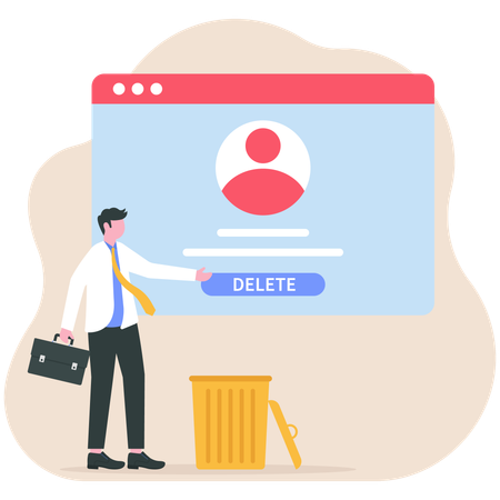 Businessman standing with an account or profile and trash can  Illustration