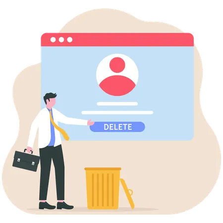 Businessman standing with an account or profile and trash can  Illustration