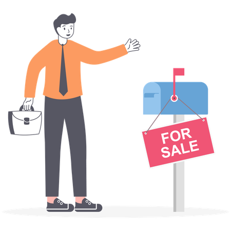 Businessman standing with briefcase full of money near to sign for sale  Illustration