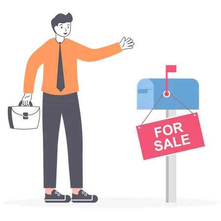 Businessman standing with briefcase full of money near to sign for sale  Illustration