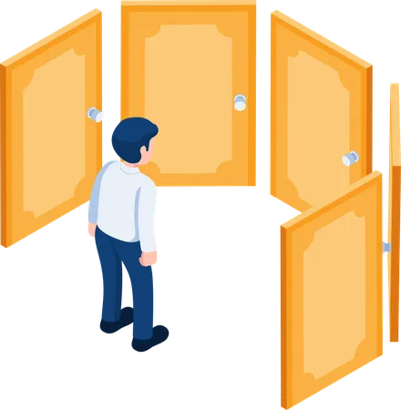 Flat 3 D Isometric Businessman Standing With Doors Of Opportunities Business Decision And Career Path Choosing Concept Illustration