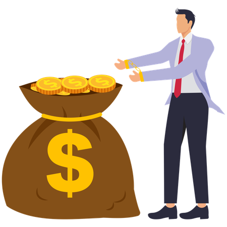 Businessman standing with his hands handcuffed to large bag filled with gold coins  Illustration