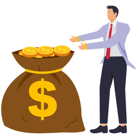 Businessman standing with his hands handcuffed to large bag filled with gold coins  Illustration