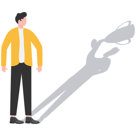 Businessman standing with his shadow holding winner trophy  Illustration