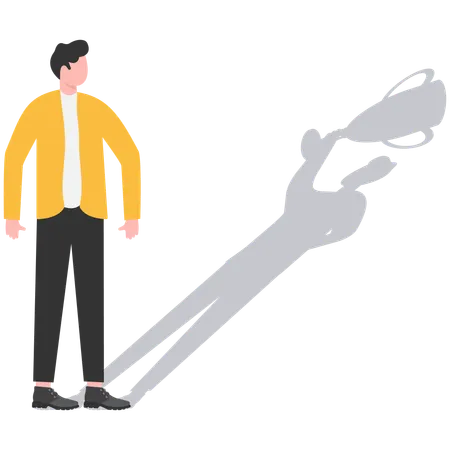 Businessman standing with his shadow holding winner trophy  Illustration