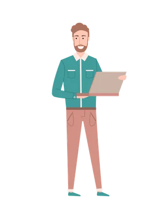 Businessman standing with laptop in hand  Illustration