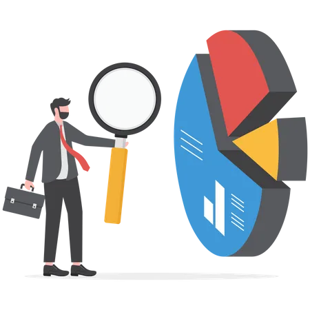 Businessman standing with Magnifying Glass doing analysis of business report  Illustration