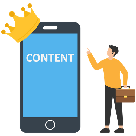 Businessman standing with mobile with the word content wearing crown  イラスト