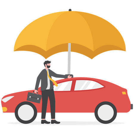 Businessman standing with new car under strong umbrella  일러스트레이션