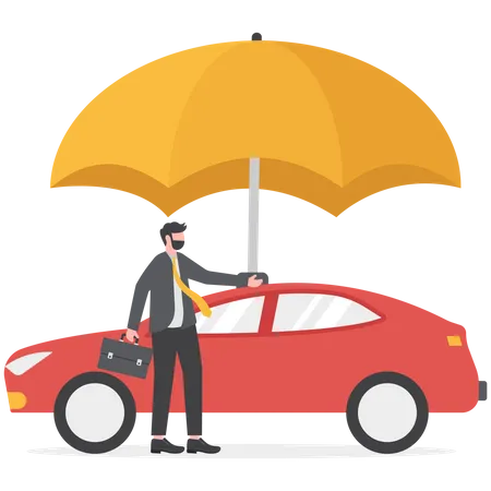 Car Insurance Accident Protection For Vehicle Safety Or Assurance Service Concept Businessman Car Owner Or Insurance Agent Stand With New Car Under Strong Umbrella Protection Shield Illustration