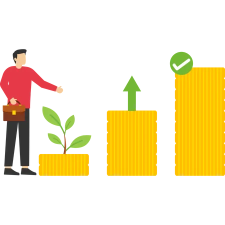 Pension Fund Income Growth Capital Allocation Savings Long Term Investment Earn More Income Increase Businessman Standing With Pile Of Coins Financial Success Flat Vector Illustration 일러스트레이션