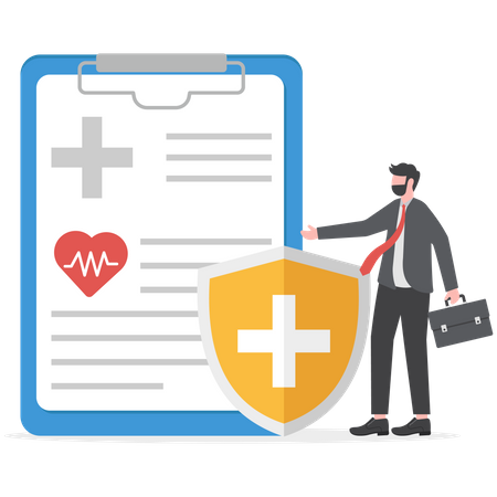 Businessman standing with shield for health care and protection  Illustration