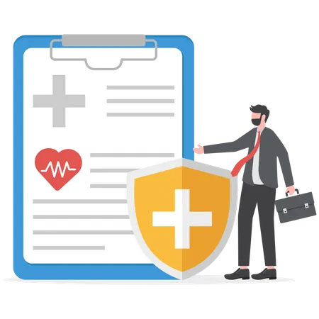 Businessman standing with shield for health care and protection  Illustration