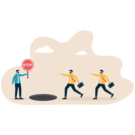 Businessman standing with stop board while team running  Illustration