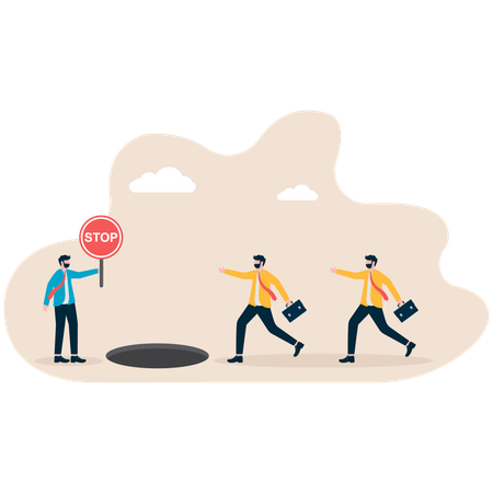 Businessman standing with stop board while team running  Illustration
