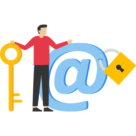 Businessman standing with strong padlock security on email symbol  Illustration