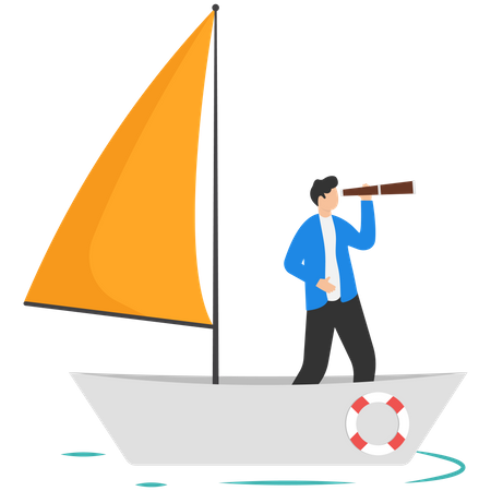 Businessman standing with telescope on sailboat  일러스트레이션