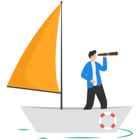 Businessman standing with telescope on sailboat  Illustration