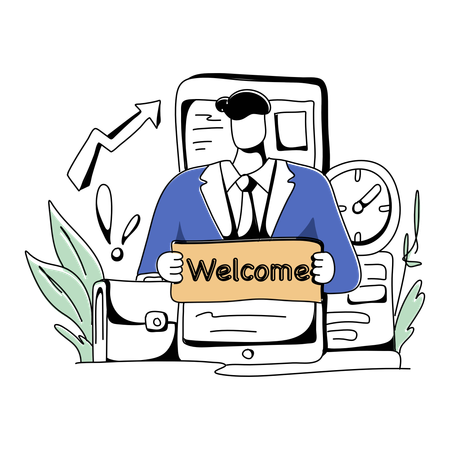 Businessman Standing With Welcome Board  Illustration