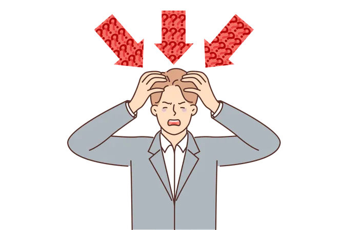 Businessman Is Suffering From Pressure Of Questions And Problems Needing Solution And Clutching Head Businessman Stands Among Red Arrows And Shouts Asking For Help To Solve Complex Issues Illustration